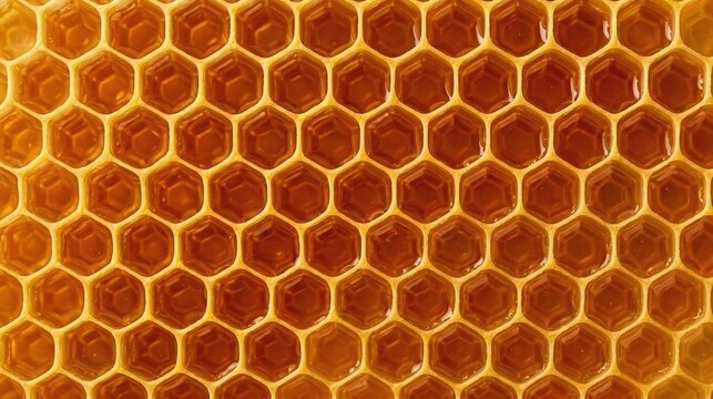 Close-up full frame background of fresh natural golden honeycombs filled with sweet honey