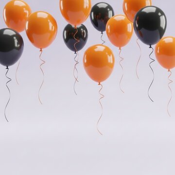a collection of vibrant orange and black balloons floating against a clean white background with realistic reflections and elegant string tails