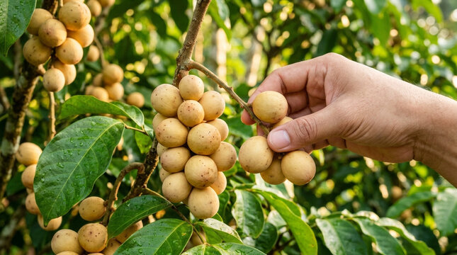 Hand picking ripe tropical langsat fruits from tree, close-up, natural light