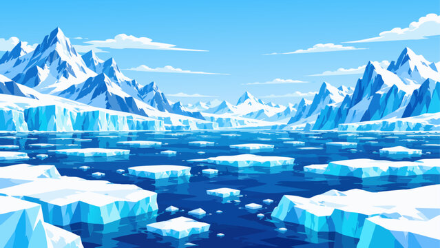 Arctic Ocean with Floating Icebergs and Majestic Snow Covered Mountains