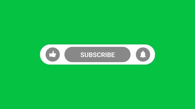 Subscribe button bar graphic with thumbs up like icon and notification bell symbol isolated on chroma key green screen background for video editing