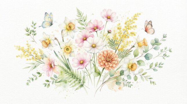 Watercolor floral bouquet with spring flowers and butterflies