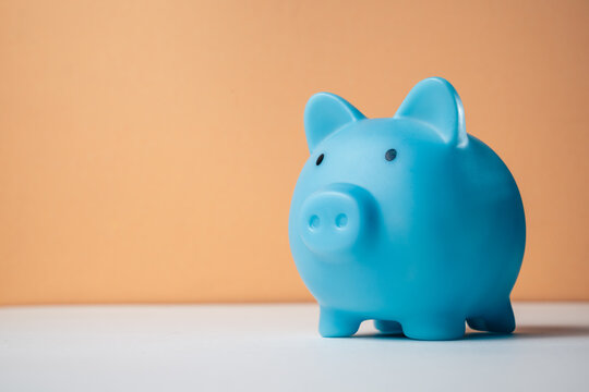 Saving money concept hand inserting a banknote into a blue piggy bank with coins. Representing the budget, personal finance, and wealth-building concept
