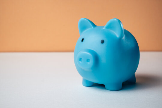 Saving money concept hand inserting a banknote into a blue piggy bank with coins. Representing the budget, personal finance, and wealth-building concept