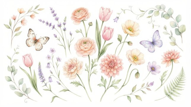 Watercolor floral collection with butterflies isolated on white background