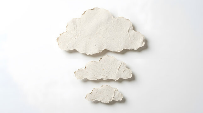 Three handmade paper clouds isolated on white background for creative design and minimal art concept