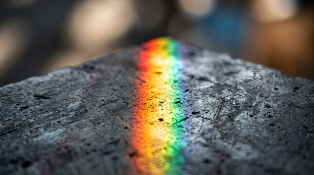 Vibrant rainbow light refraction on a dark textured stone surface for abstract background design use