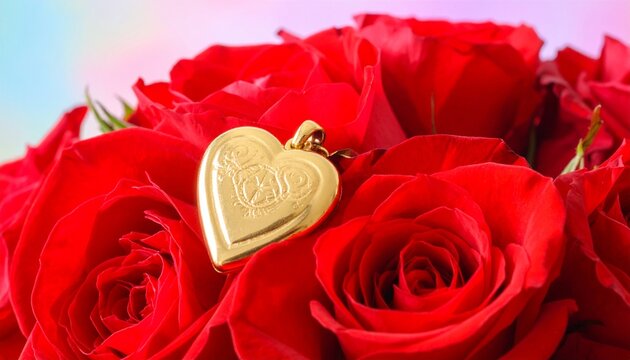 Bunch of red roses with heart shaped gold necklace pendant 