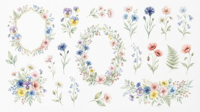 Watercolor floral collection with wildflowers and leaves isolated on white background