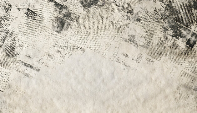 Distressed vintage newspaper texture background with black ink smudges and aged off white paper surface