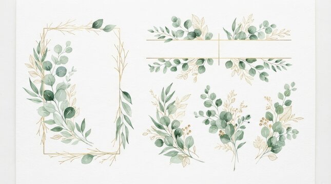 Watercolor eucalyptus leaves and golden branches frames isolated on white background