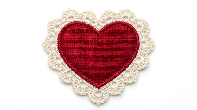 Red fabric heart with white crochet lace border isolated on white background for valentines day card