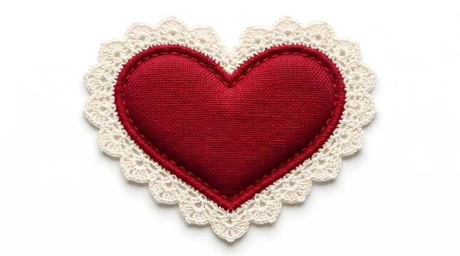 Red fabric heart with white lace border isolated on white background for valentines day celebration