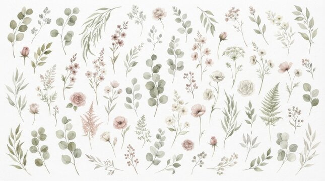 Watercolor floral elements set isolated on white background