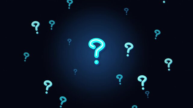 Glowing pixel question mark symbols floating on dark blue digital background, FAQ search, problem solving, query mystery, support help, information technology