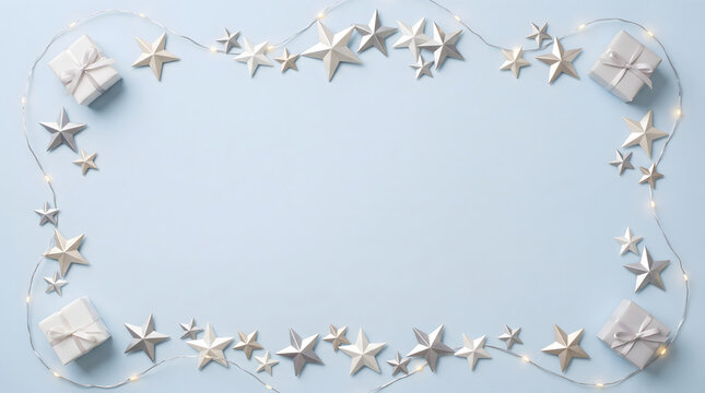 Overhead view of a Christmas border frame featuring wrapped white gift boxes, metallic star ornaments, and glowing string lights arranged around a light blue surface with central copy space