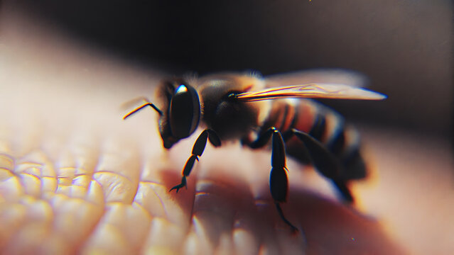 Macro shot of a honey bee crawling on human skin showing detailed texture and insect anatomy closeup
