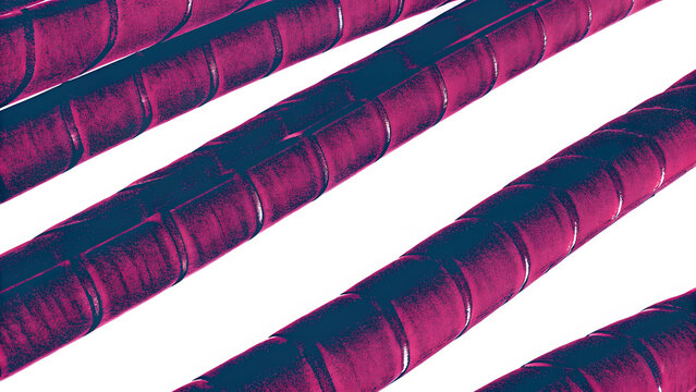 Abstract background with diagonal magenta textured cylinders arranged in a repeating pattern design