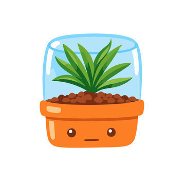 Cute cartoon plant in glass terrarium pot vector illustration