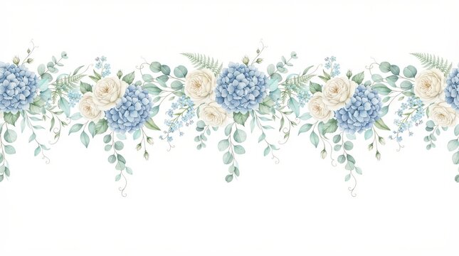 Watercolor floral border with blue hydrangeas and white roses