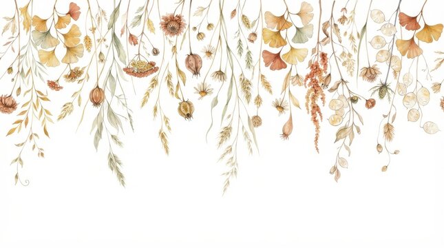 Watercolor botanical border with dried flowers isolated on white background