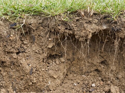 Soil erosion exposing plant roots and grass roots in an earth bank