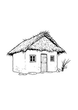 Traditional rustic village thatched roof hut vector illustration.