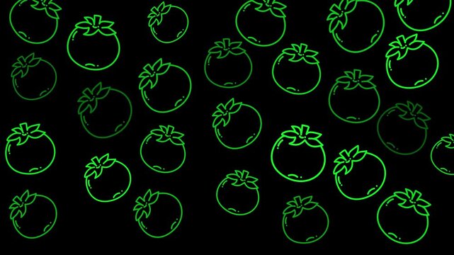 Seamless animated pattern of hand-drawn green tomato outlines on a black background, featuring glowing neon lines and a playful botanical design for food and creative projects.