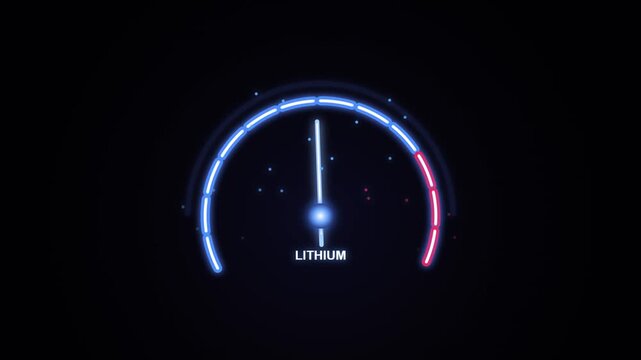 Neon Digital Lithium Energy Gauge With Rotating HUD Needle For Electric Vehicle Battery Monitoring And Renewable Power Status Display Interface.
