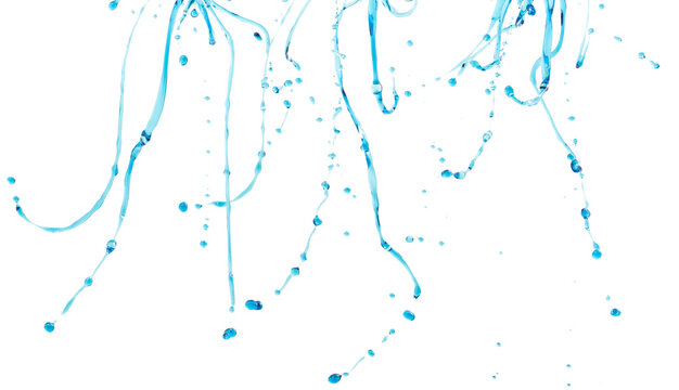 Fresh blue water droplet drop down splashing. Transparent Paint pour leaking to mid air. Fresh water color leak spill. White background isolated high speed shutter freeze, Photograph