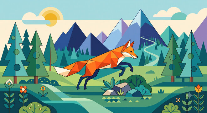 Geometric low poly fox jumping in mountain landscape illustration