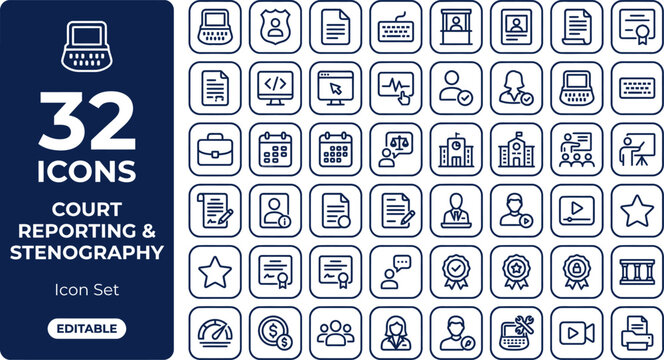 Court reporting and stenography blue outline vector set with legal tools and symbols for law firm projects