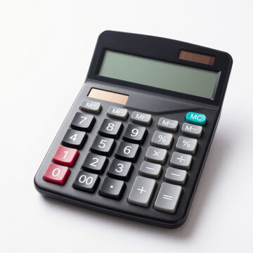 Modern black electronic calculator on white background