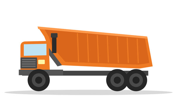 Orange heavy duty mining dump truck, flat vector illustration