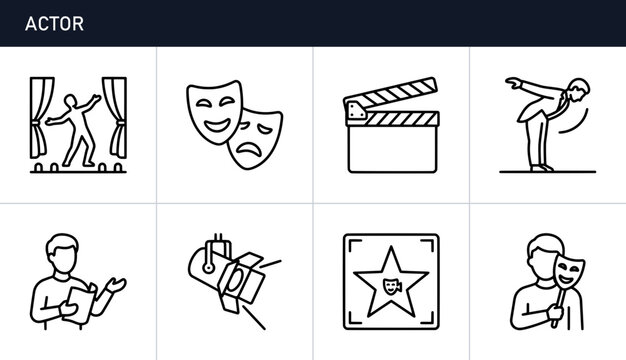 Actor line icons set with stage performer, theater masks, clapperboard, bowing, script, spotlight, Hollywood star and mask holding for cinema