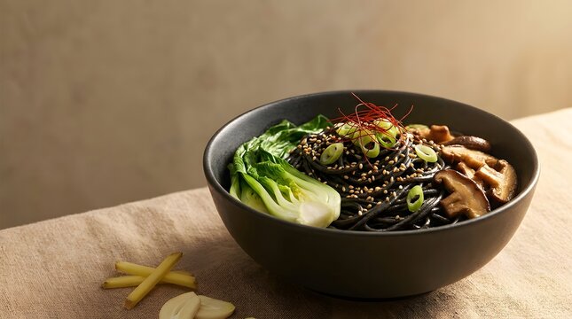 Black noodle bowl with bok choy and mushrooms for a healthy meal