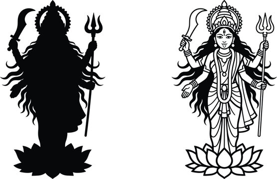 Hindu Goddess Durga vector illustration, black and white Indian deity silhouette, divine mother Kali with trident and sword on lotus