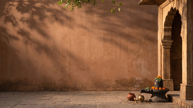 Traditional Hindu Shrine with Shiva Lingam, Brass Vessels and Marigold Offerings in Ancient Temple Courtyard