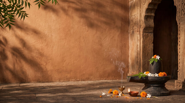 Traditional Hindu Shrine with Shiva Lingam, Lotus Flowers, Incense and Marigold Offerings