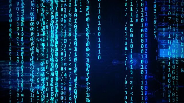 Futuristic blue digital binary code animation with glowing data streams, programming code and information transfer across cyberspace on a dark technological background