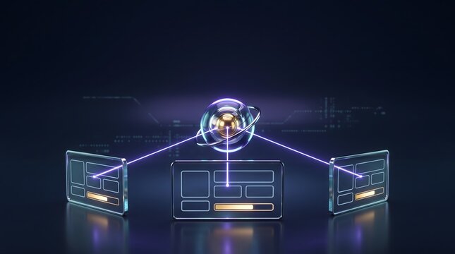 Glowing hub connects digital interface screens. Software platform architecture network concept. Futuristic user dashboard technology