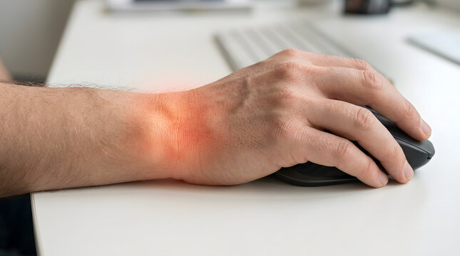 Man suffering from wrist pain while using computer mouse at office desk highlighting joint injury