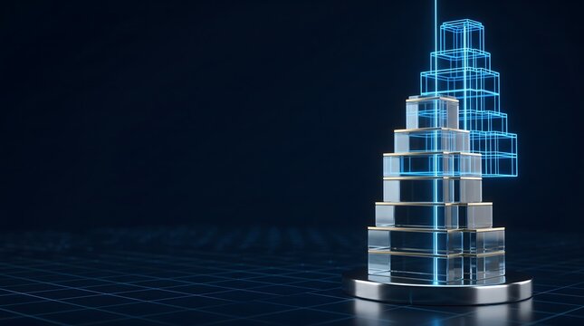 Glass pyramid tower with growth tiers. Blue wireframe grid shows structure hierarchy. Business development concept with copyspace