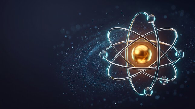 Golden atom nucleus with silver electron orbits. Science physics research concept. Glowing particles with copyspace