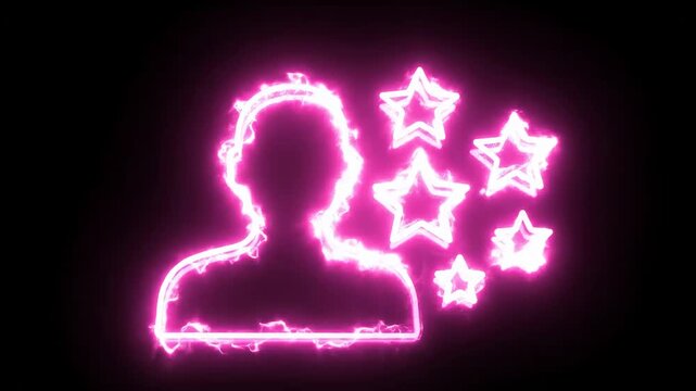 Glowing Neon User Rating Icon featuring a pink luminous person silhouette with five stars on a black background ideal for customer feedback presentations and perfect for digital marketing.