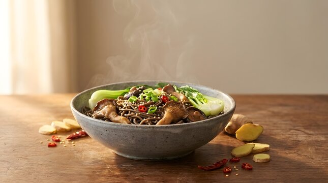 Steaming bowl of soba noodles with mushrooms and bok choy