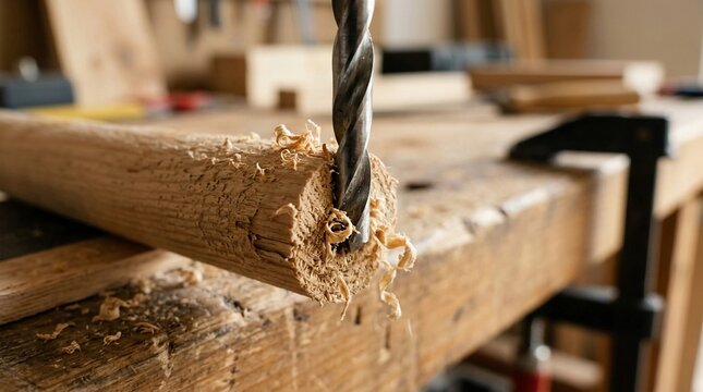 A sharp metal drill bit pierces through a wooden dowel, creating wood shavings in a crafting workshop setting, demonstrating precision in woodworking and DIY projects.