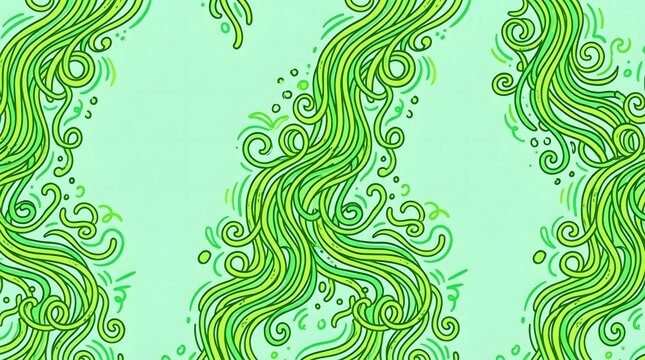 Abstract green vector pattern with flowing curly lines and whimsical doodle elements.