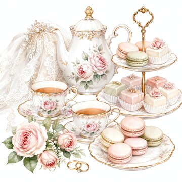 Two Teacups And Saucers With Pastel Macarons And Rose Sprig