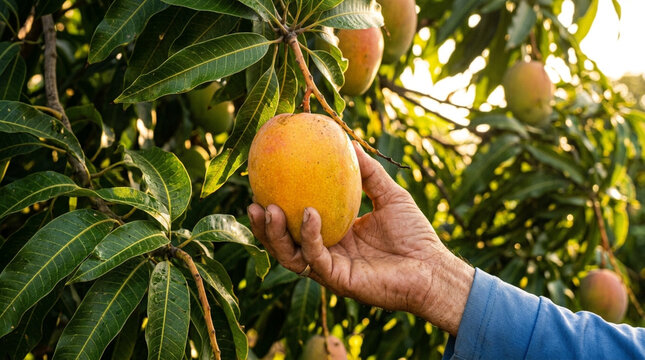 Hand picking ripe mango fruit from tree branch, organic tropical orchard, sunlight